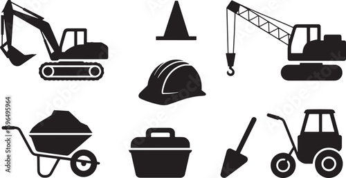 Construction Site Icons Set Black Silhouette on Transparent Background Excavator Crane Helmet Wheelbarrow