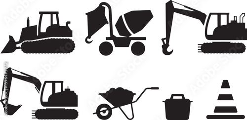 Construction Machinery Icons Set Black Silhouette on Transparent Background Bulldozer Mixer Excavator