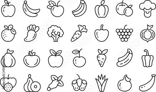 Hand drawn outline icons of fresh fruits and vegetables collection