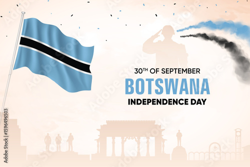 Botswana Flag Waving With Army Soldier and Air Show On Skyline Background. Independence Day Concept Design Vector Illustration.