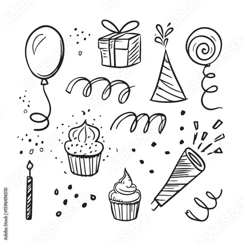 Festive birthday celebration elements hand-drawn doodle style black and white