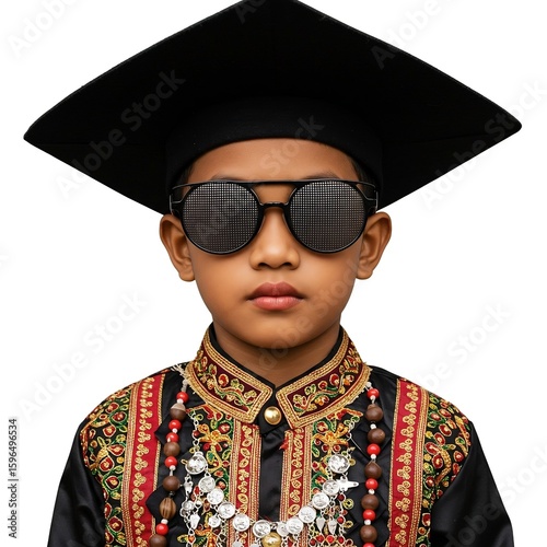 Young Indonesian boy in traditional boat racing attire with sunglasses