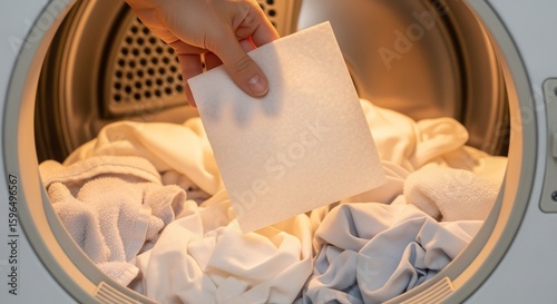 Adding Fabric Softener Sheet to Clothes Dryer for Fresh Laundry