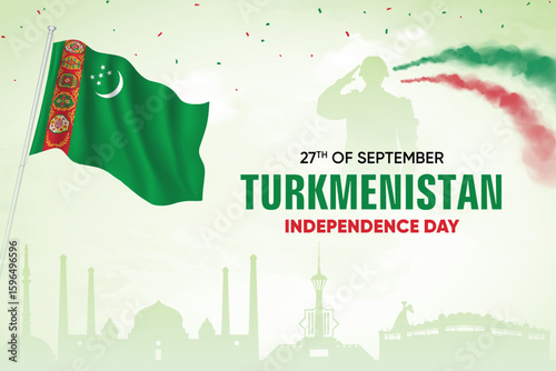 Turkmenistan Flag Waving With Army Soldier and Air Show On Skyline Background. Independence Day Concept Design Vector Illustration.