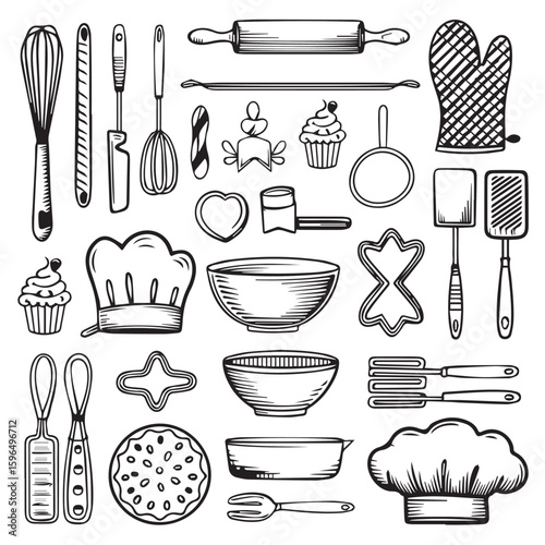 Baking utensils and tools set, black and white, outline style, vector