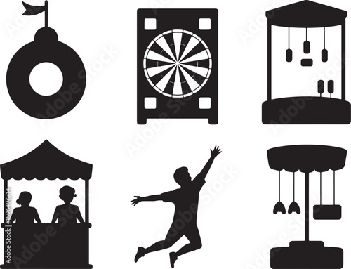 Carnival Games Silhouette Collection Funfair Attractions and Entertainment Vector Illustration on Transparent Backdrop