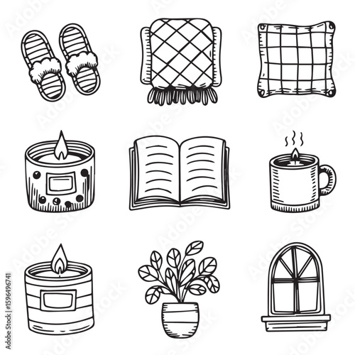 Doodle icons for home comfort with slippers, pillows, and candles