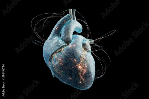Intertwined ear and heart with flowing data streams. Innovative study. Study links tinnitus with heart rate variability and stress factors. Stress link. Health data.