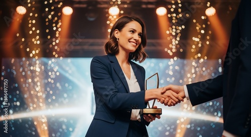 Award Ceremony: Smiling Woman Receives Trophy, Handshake, Stage Lights