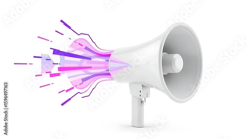 3D rendered megaphone with abstract sound waves, symbolizing modern communication.