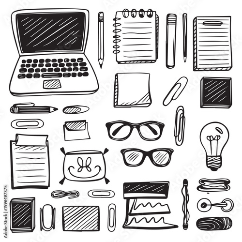 Stationery and office supplies hand drawn doodle style collage