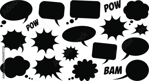 Collection of black comic book speech bubbles and sound effects