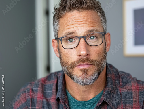 Man with glasses and beard looking thoughtfully at camera, showcasing casual style
