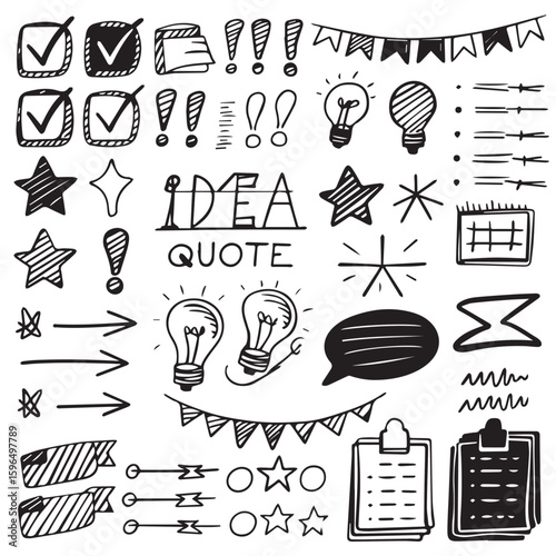 Hand-drawn doodles of office supplies, ideas, and checklist icons