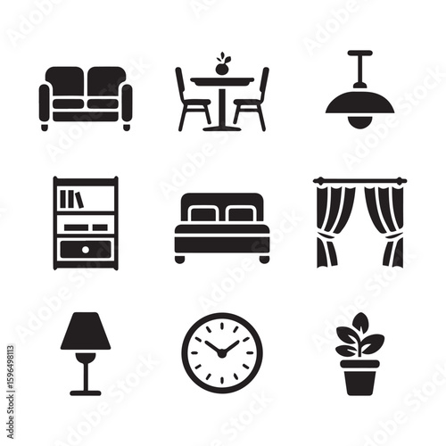 Collection of modern interior design icons showing furniture and home decor elements.