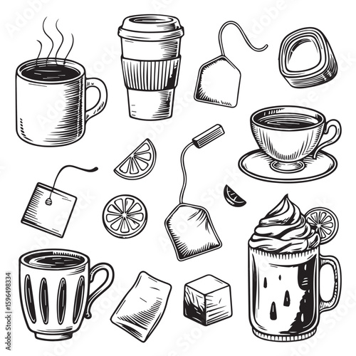 Assorted tea and coffee drinks with lemon slice black and white