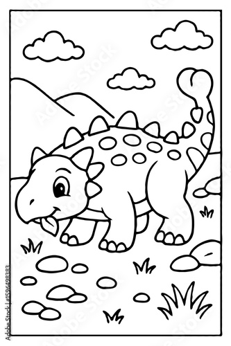 Cute Cartoon Ankylosaurus Walking in Landscape - Armored Dinosaur Coloring Page