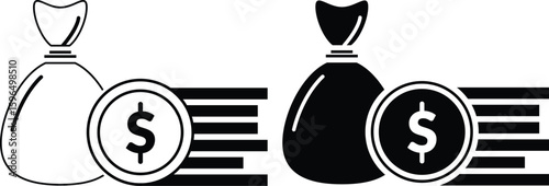 Wealth accumulation icon with dollar sign and stacked coins. Includes both black solid and outline styles. Perfect for finance, banking, savings, investment, and business-related content.