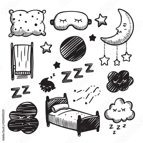 Hand-drawn sleeping icons and elements in black and white style