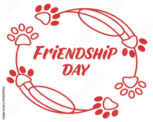 Red paw prints circle frame around friendship day text on a white background.