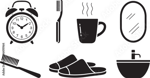 Morning Routine Icons Set Alarm Clock, Toothbrush, Coffee Cup, Mirror, Slippers, and Sink Vector Illustration