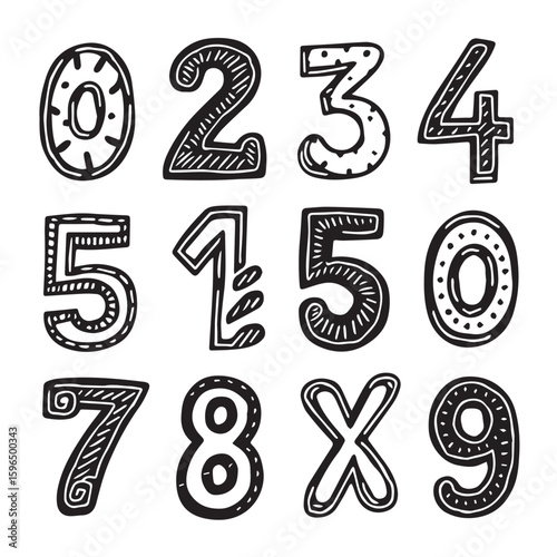 Hand drawn numbers from zero to nine on white background