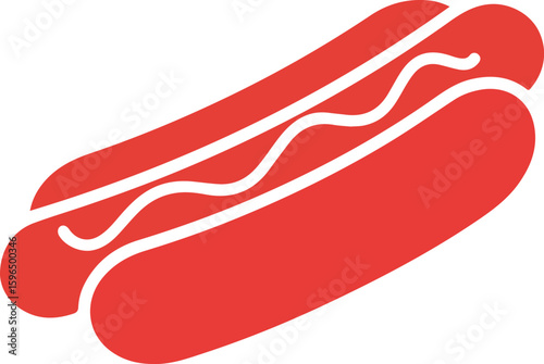 A red hotdog with mustard on a white background, presented as a simple vector graphic.