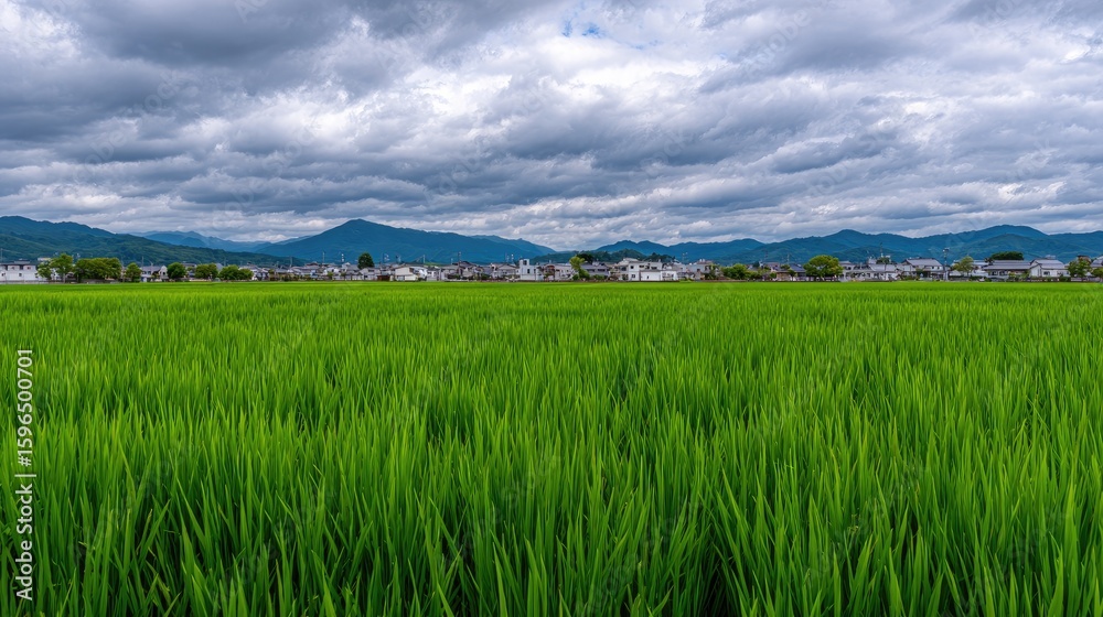 Obraz premium Expansive Green Rice Paddy Field Under Cloudy Sky