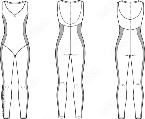 Sleeveless jumpsuit fashion sketch, front back side views, scoop neckline, ankle length, contour seams, contrast panels, fitted design, garment illustration