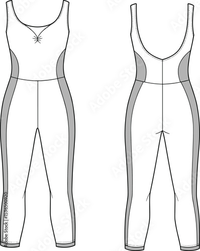 Technical fashion sketch of sleeveless jumpsuit, scoop neckline front and back, contour seams, contrast side panels, fitted silhouette, garment rendering