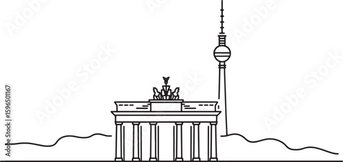 Berlin Skyline Silhouette Vector Illustration with Brandenburg Gate and TV Tower on Transparent Background