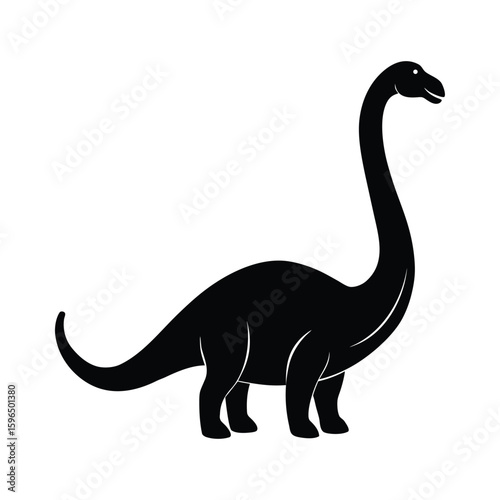 Black silhouette of a long necked dinosaur on a white background