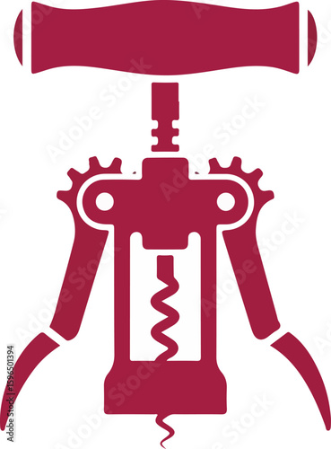 A detailed illustration of a classic burgundy-colored corkscrew tool, ready for use.