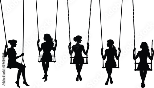 Silhouettes of five young women on swings enjoying a sunny day