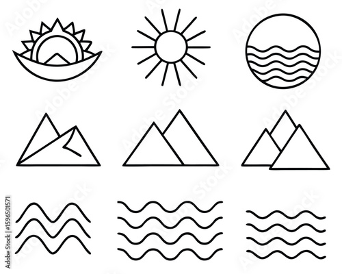 Minimalist black line art elements of nature featuring sun mountains and water vector icon set.