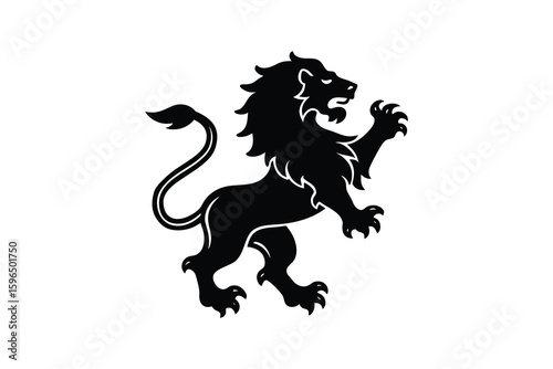 Heraldic Lion Rampant Black Silhouette on White Background Majestic Feline Symbol of Strength and Courage Silhouette
