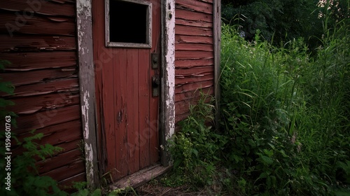 Weathered red shed door in overgrown yard