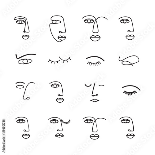 Line art faces with abstract features and minimalist expressions