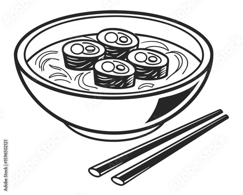 Delicious japanese ramen bowl featuring noodles broth and sliced food with chopsticks graphic.
