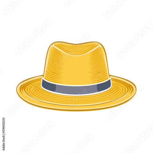 Stylish yellow Fedora hat with blue ribbon illustration for fashion and summer icon
