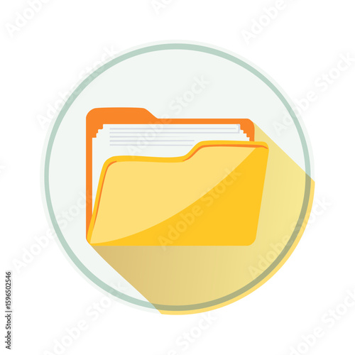 Orange and yellow folder icon with documents in a circle design for file management and digital organization concepts