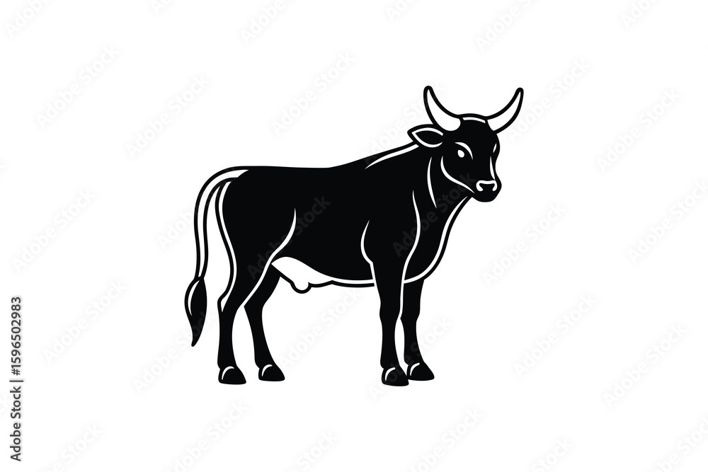 Obraz premium Strong Black Bull Standing Proudly in Silhouette Style on a White Background silhouette