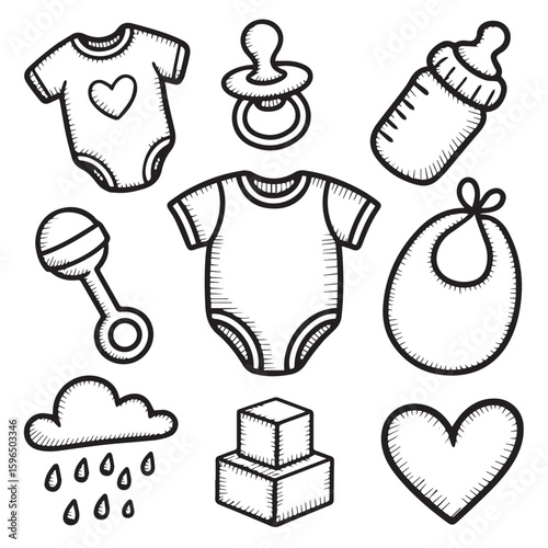 Baby clothing and toy doodles in black and white line art style.