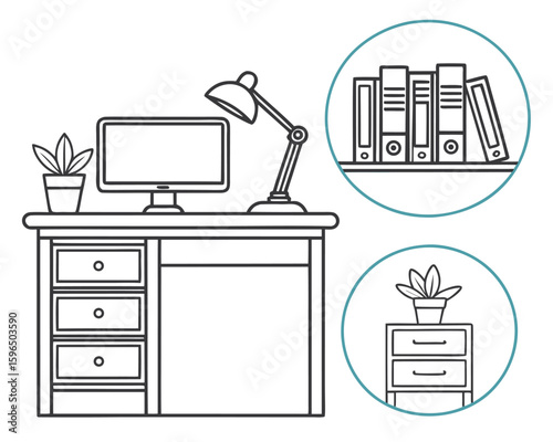 Monochrome desk setup with computer lamp plant and additional office elements illustration.