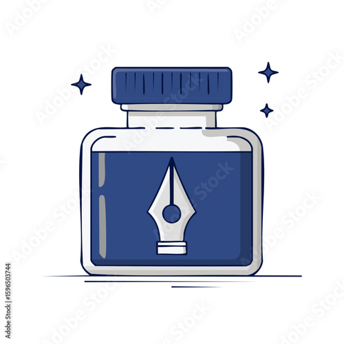Ink bottle with blue ink and quill symbol for writing, drawing and art projects with sparkling decorations