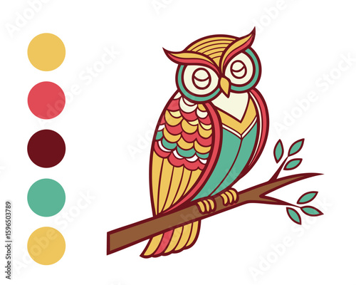 Colorful stylized owl perched on a branch with leaves and a coordinating color palette.