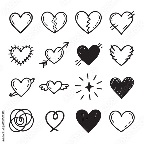 Collection of hand-drawn hearts with various styles and decorations