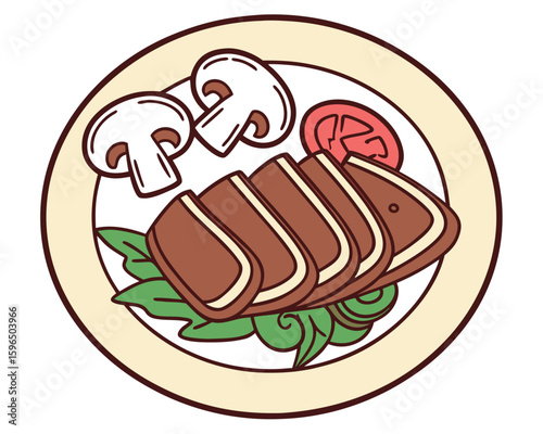 Delicious illustration of a plate of gourmet steak, mushrooms, and tomato slices for dinner.