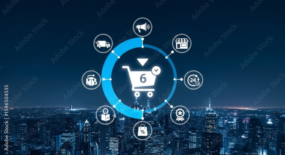 Fototapeta premium E-commerce process visualization with shopping cart and city skyline at night, representing online business and logistics
