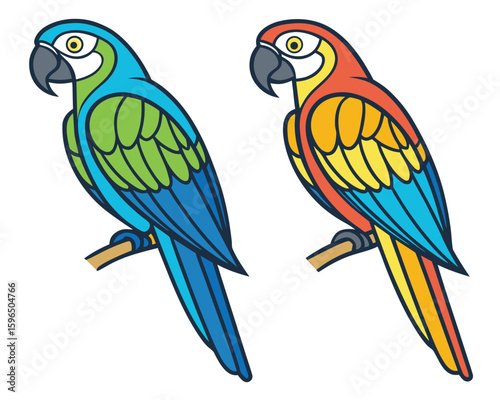 Two colorful macaw parrots perched on branch in flat vector illustration style